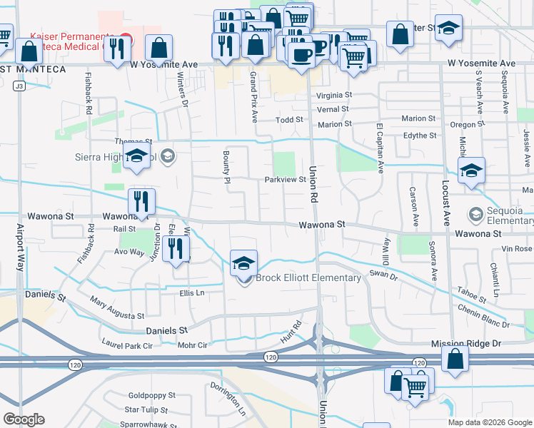 map of restaurants, bars, coffee shops, grocery stores, and more near 1336 Ferrari Court in Manteca