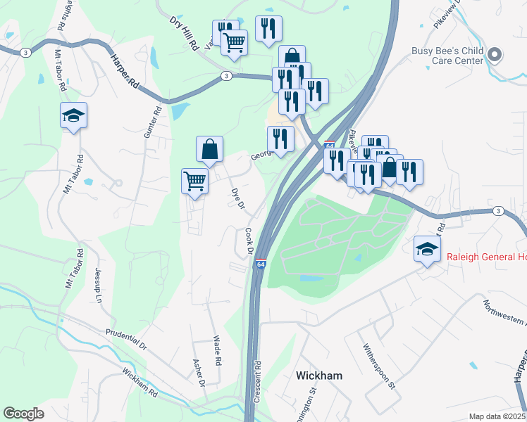 map of restaurants, bars, coffee shops, grocery stores, and more near 300 Harper Park Dr in Beckley
