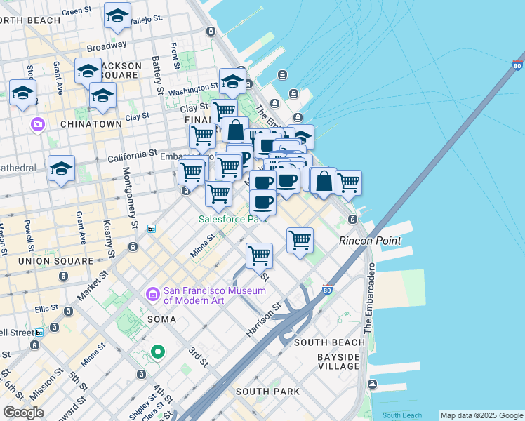 map of restaurants, bars, coffee shops, grocery stores, and more near 150 Main Street in San Francisco