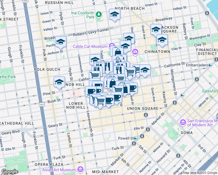 map of restaurants, bars, coffee shops, grocery stores, and more near 828 Taylor Street in San Francisco