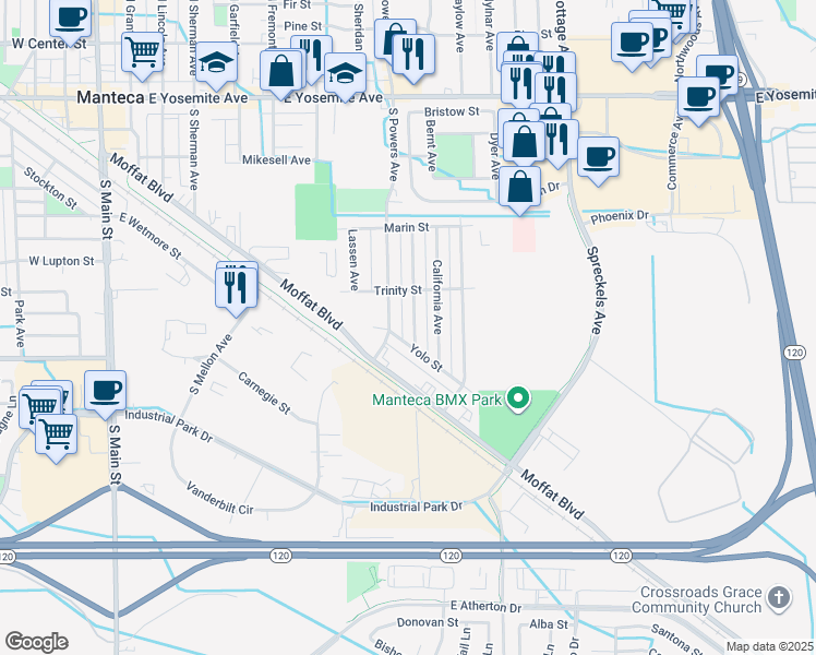 map of restaurants, bars, coffee shops, grocery stores, and more near 439 Edward Avenue in Manteca