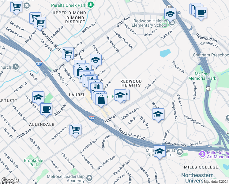 map of restaurants, bars, coffee shops, grocery stores, and more near 3719 Maybelle Avenue in Oakland