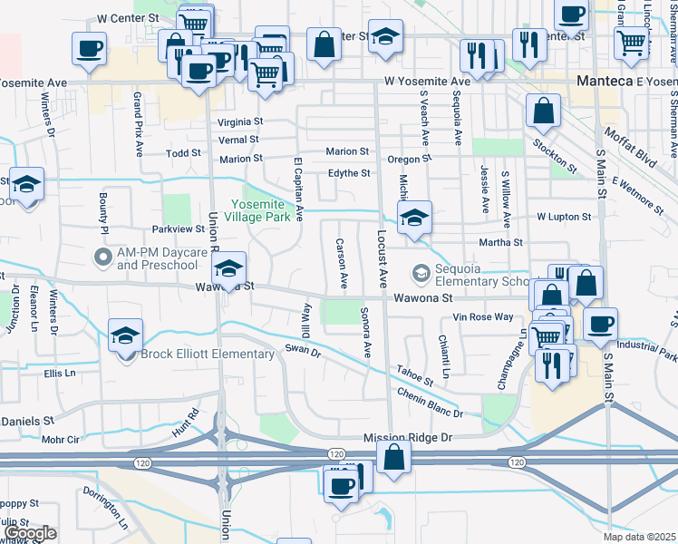 map of restaurants, bars, coffee shops, grocery stores, and more near 853 Carson Avenue in Manteca
