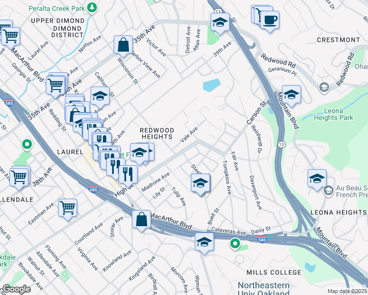 map of restaurants, bars, coffee shops, grocery stores, and more near 3921 Vale Avenue in Oakland