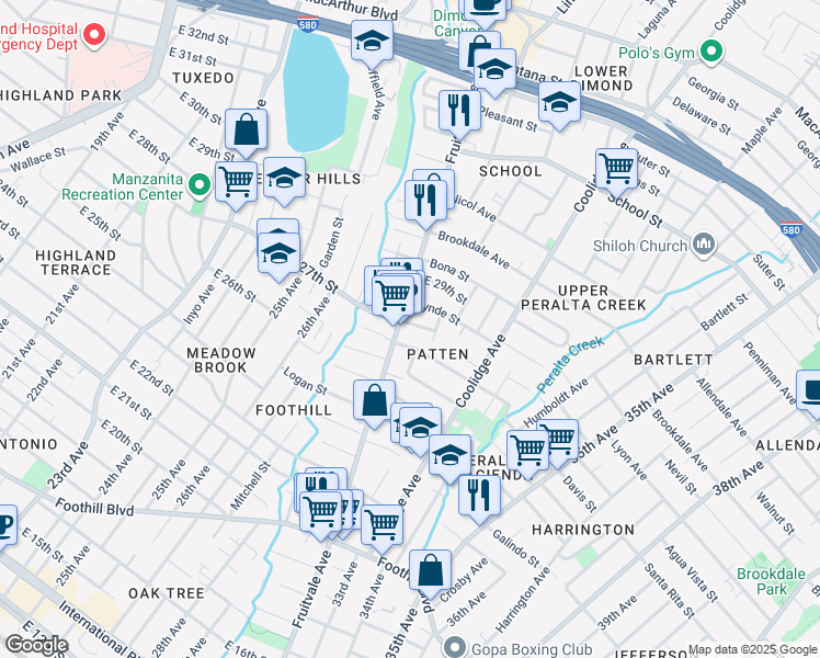 map of restaurants, bars, coffee shops, grocery stores, and more near 2727 Fruitvale Avenue in Oakland