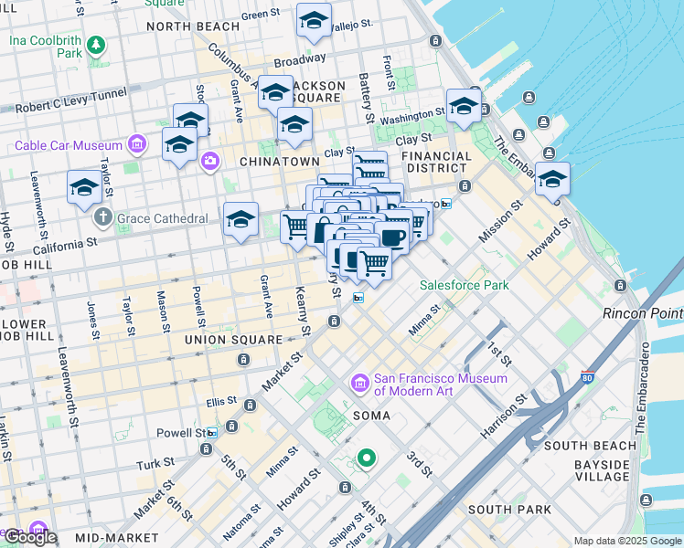 map of restaurants, bars, coffee shops, grocery stores, and more near 180 Montgomery Street in San Francisco