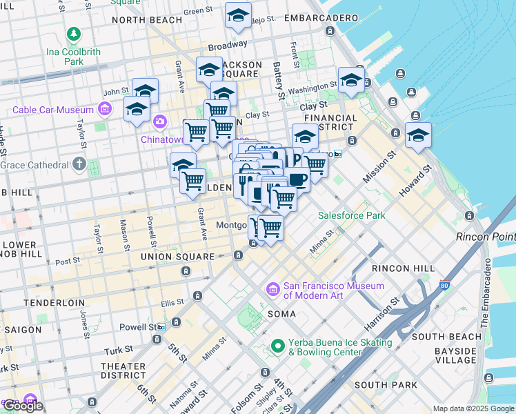 map of restaurants, bars, coffee shops, grocery stores, and more near 180 Montgomery Street in San Francisco