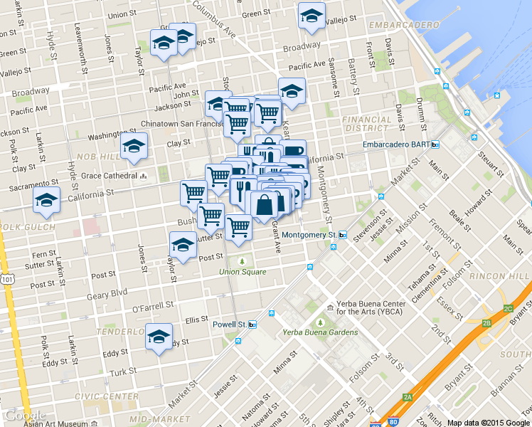 map of restaurants, bars, coffee shops, grocery stores, and more near 433 Grant Avenue in San Francisco