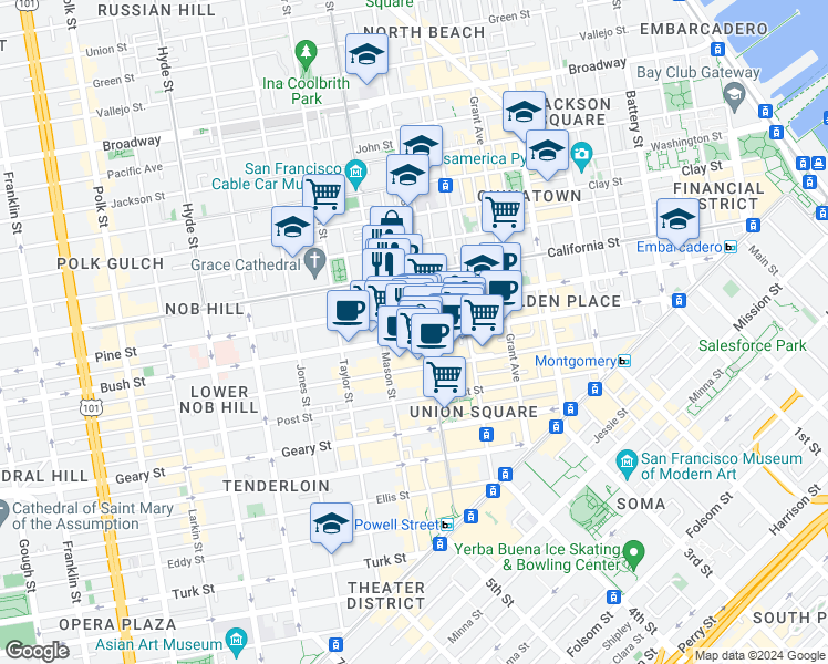 map of restaurants, bars, coffee shops, grocery stores, and more near in San Francisco