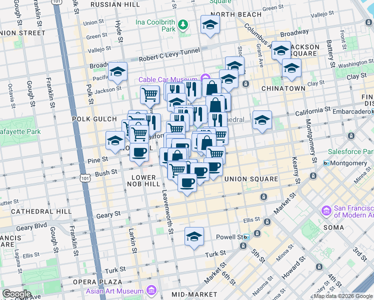 map of restaurants, bars, coffee shops, grocery stores, and more near in San Francisco