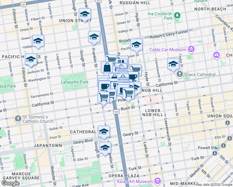 map of restaurants, bars, coffee shops, grocery stores, and more near in San Francisco