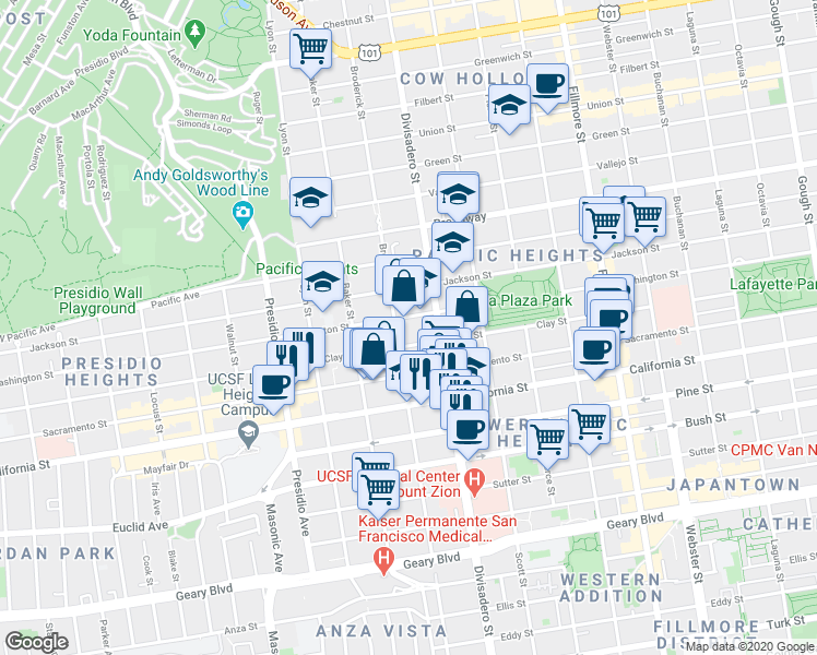 map of restaurants, bars, coffee shops, grocery stores, and more near 2970 Washington Street in San Francisco