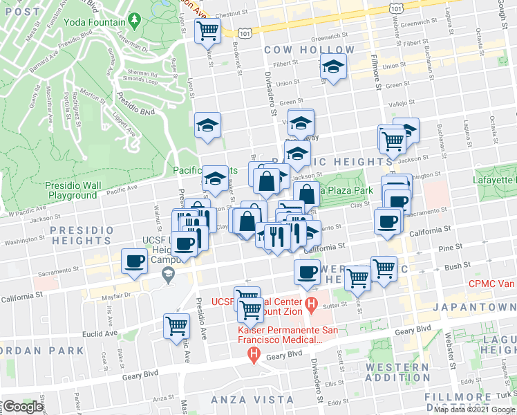 map of restaurants, bars, coffee shops, grocery stores, and more near 2927 Jackson Street in San Francisco