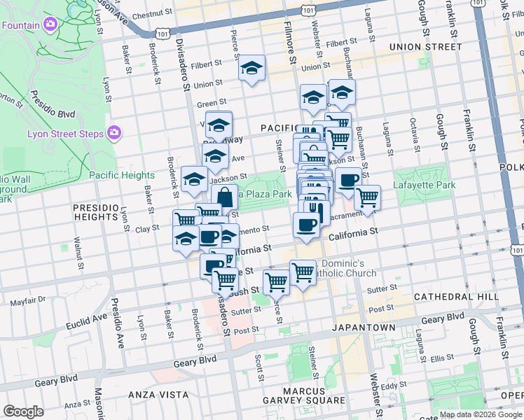 map of restaurants, bars, coffee shops, grocery stores, and more near Clay St & Pierce St in San Francisco