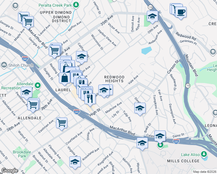 map of restaurants, bars, coffee shops, grocery stores, and more near 3820 Maybelle Avenue in Oakland