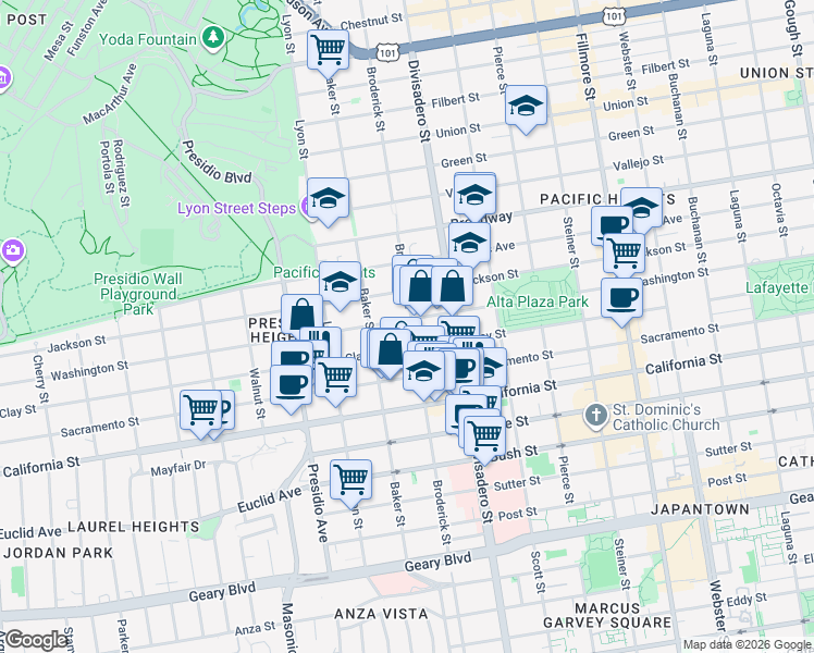 map of restaurants, bars, coffee shops, grocery stores, and more near 2927 Jackson Street in San Francisco