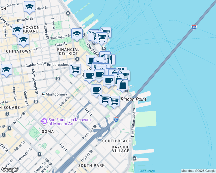 map of restaurants, bars, coffee shops, grocery stores, and more near 280 Spear Street in San Francisco