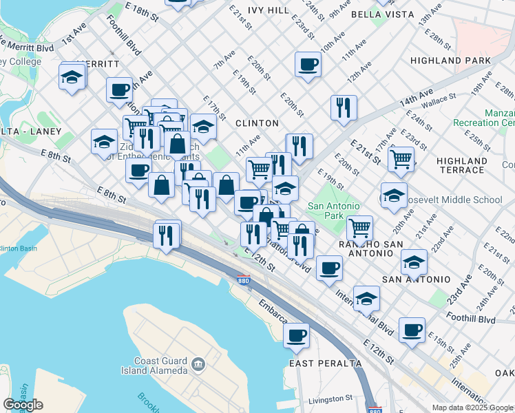 map of restaurants, bars, coffee shops, grocery stores, and more near 1515 14th Avenue in Oakland