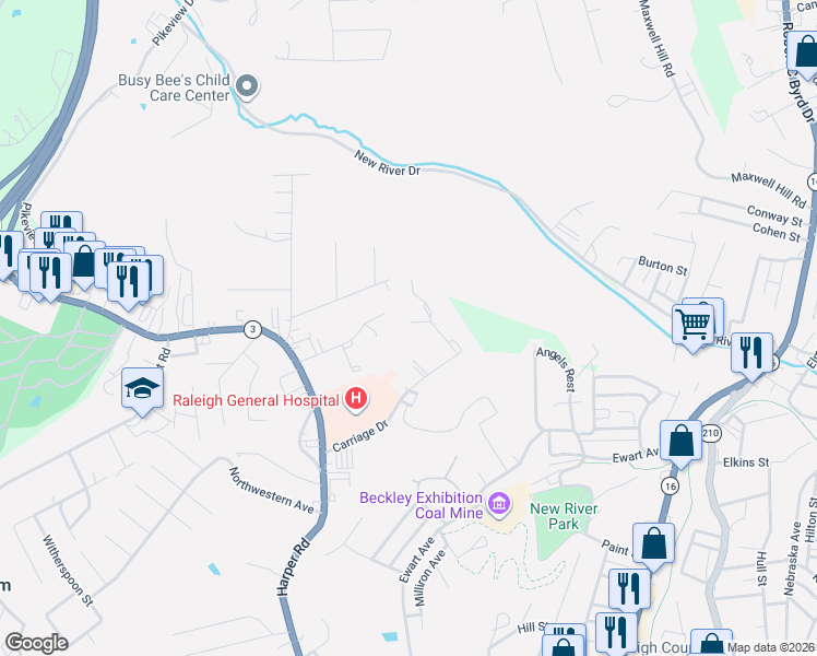 map of restaurants, bars, coffee shops, grocery stores, and more near 645 Carriage Drive in Beckley