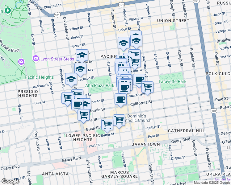 map of restaurants, bars, coffee shops, grocery stores, and more near 2244 Steiner Street in San Francisco