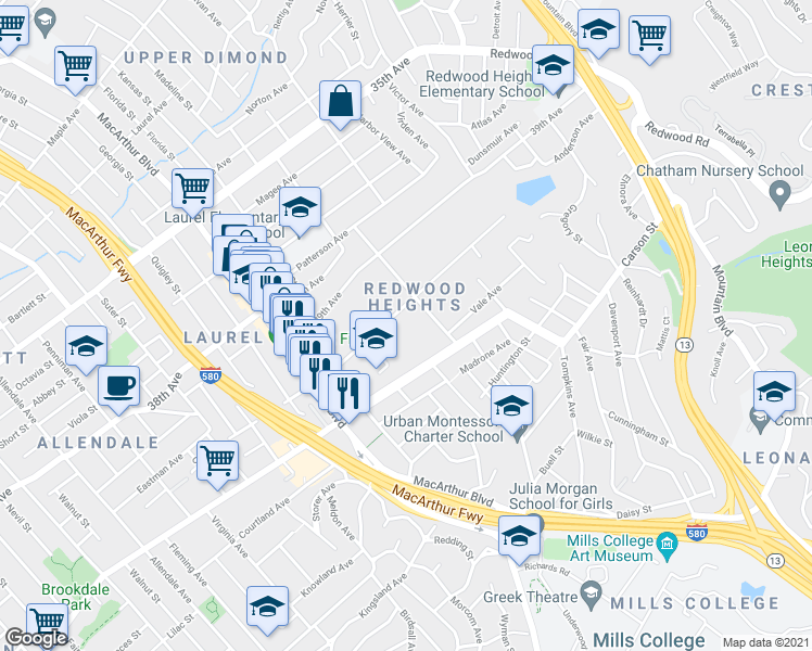 map of restaurants, bars, coffee shops, grocery stores, and more near 4116 Bayo Street in Oakland