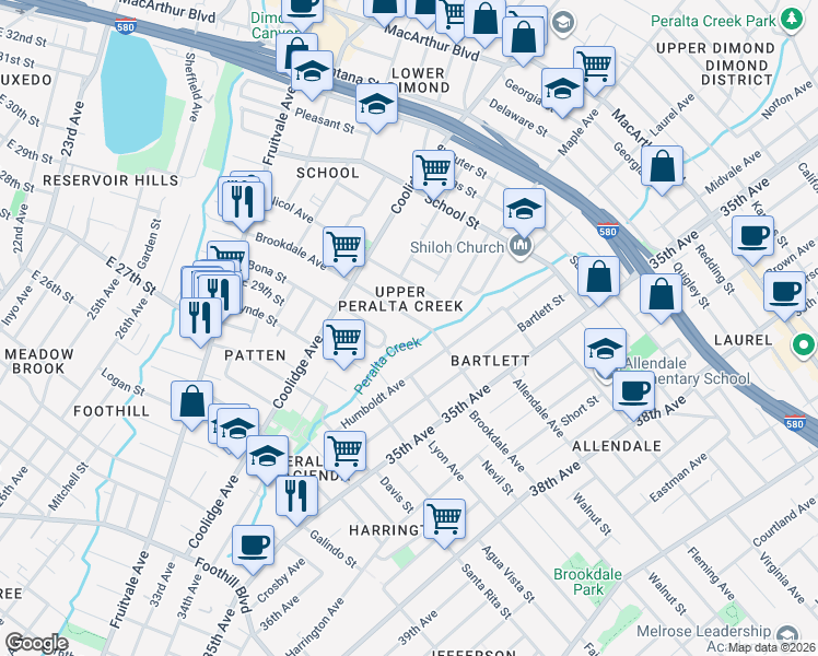 map of restaurants, bars, coffee shops, grocery stores, and more near 3234 Brookdale Avenue in Oakland