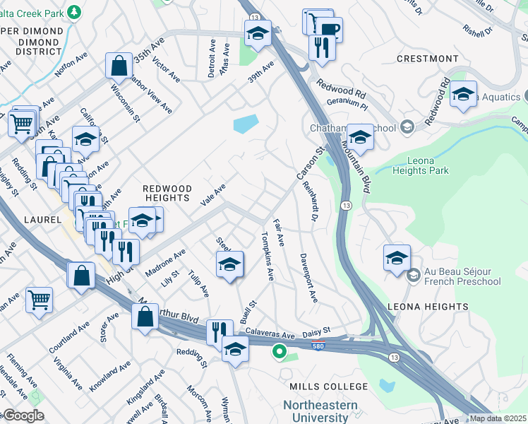 map of restaurants, bars, coffee shops, grocery stores, and more near 4433 Fair Avenue in Oakland