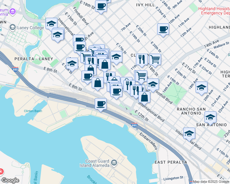map of restaurants, bars, coffee shops, grocery stores, and more near 1138 East 12th Street in Oakland