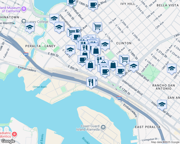 map of restaurants, bars, coffee shops, grocery stores, and more near 1011 East 11th Street in Oakland