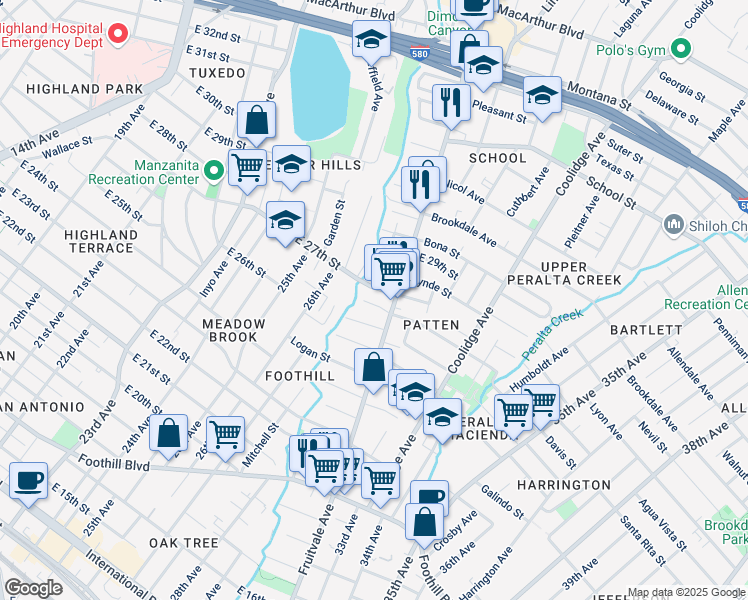 map of restaurants, bars, coffee shops, grocery stores, and more near 2638 East 27th Street in Oakland