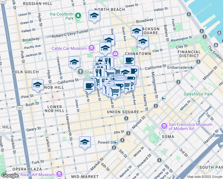 map of restaurants, bars, coffee shops, grocery stores, and more near 698 Bush Street in San Francisco