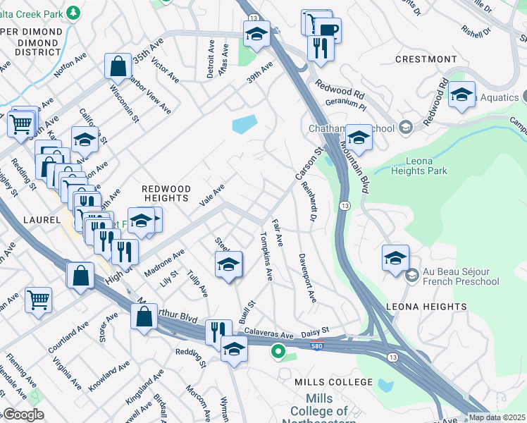 map of restaurants, bars, coffee shops, grocery stores, and more near 4433 Fair Avenue in Oakland