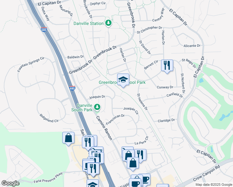 map of restaurants, bars, coffee shops, grocery stores, and more near 1475 Harlan Drive in Danville