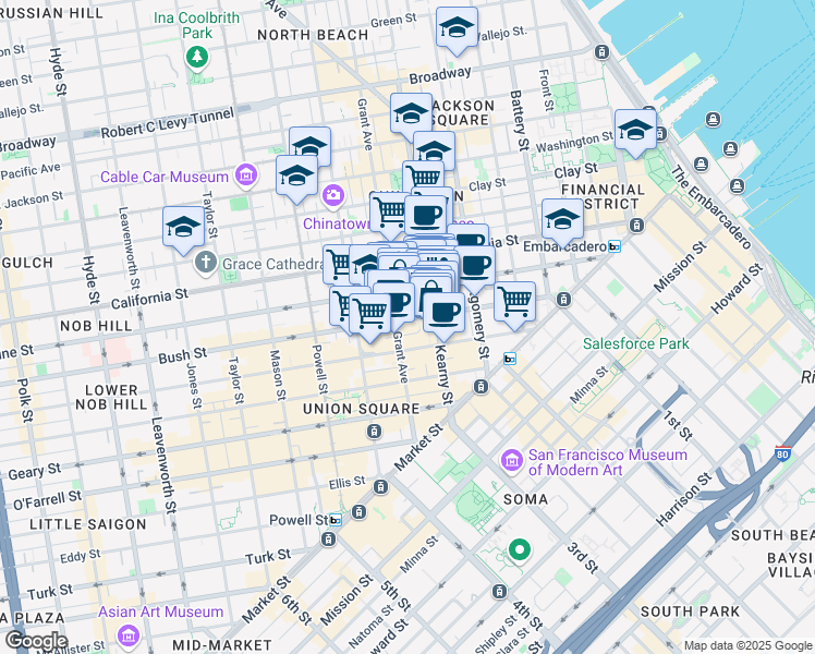 map of restaurants, bars, coffee shops, grocery stores, and more near 237 Kearny Street in San Francisco