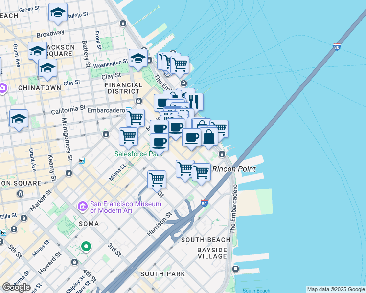 map of restaurants, bars, coffee shops, grocery stores, and more near 221 Main Street in San Francisco