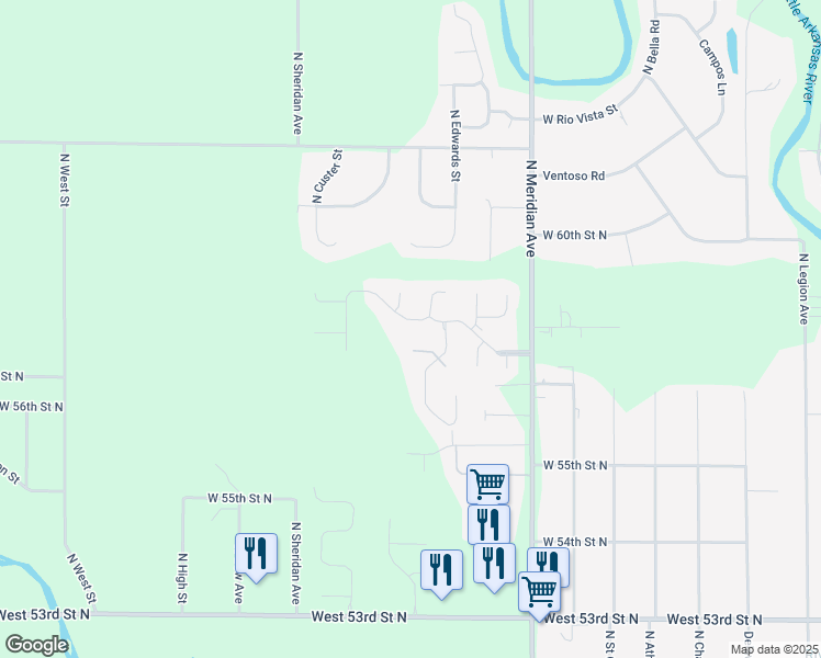 map of restaurants, bars, coffee shops, grocery stores, and more near 5801 North Meridian Avenue in Wichita