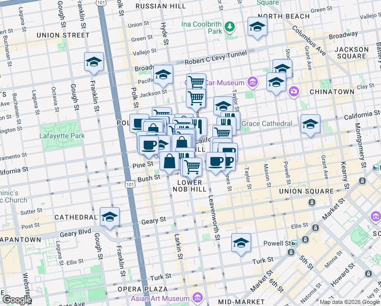 map of restaurants, bars, coffee shops, grocery stores, and more near 1270 Pine Street in San Francisco