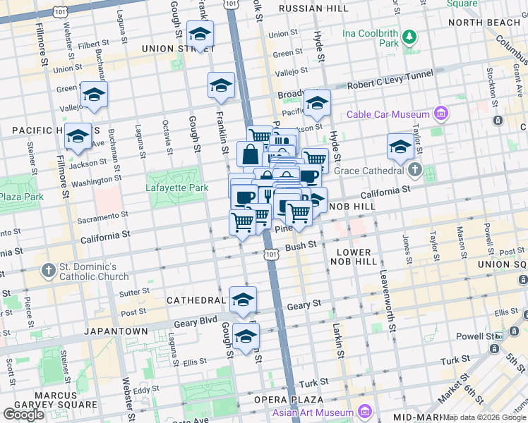 map of restaurants, bars, coffee shops, grocery stores, and more near Van Ness Avenue & California Street in San Francisco