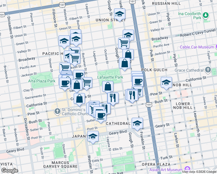 map of restaurants, bars, coffee shops, grocery stores, and more near 2121 Sacramento Street in San Francisco