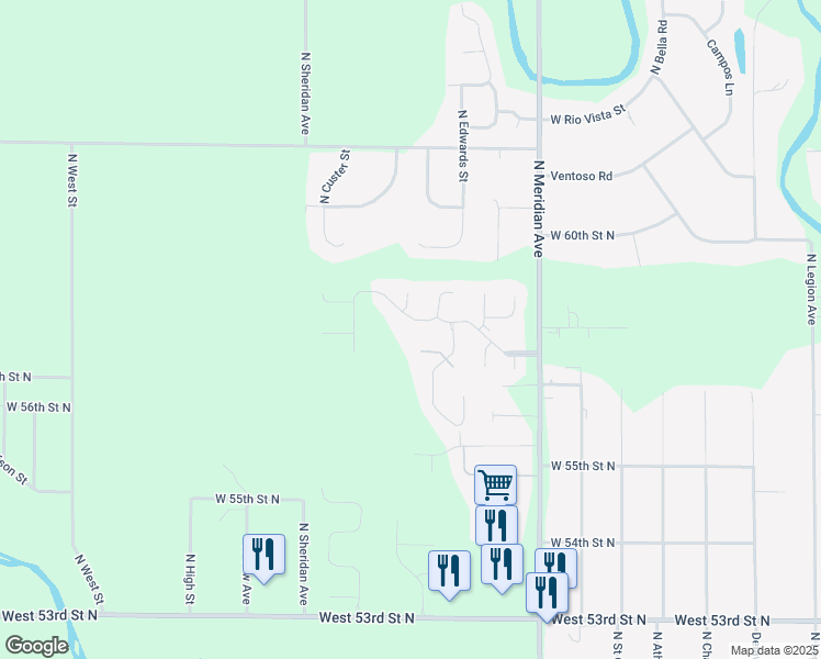 map of restaurants, bars, coffee shops, grocery stores, and more near 5801 North Meridian Avenue in Wichita