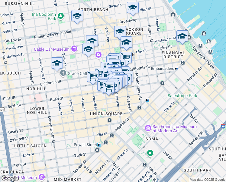 map of restaurants, bars, coffee shops, grocery stores, and more near 517 Bush Street in San Francisco