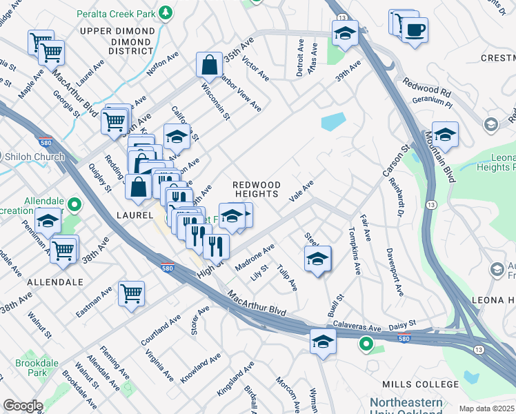 map of restaurants, bars, coffee shops, grocery stores, and more near 4116 Bayo Street in Oakland