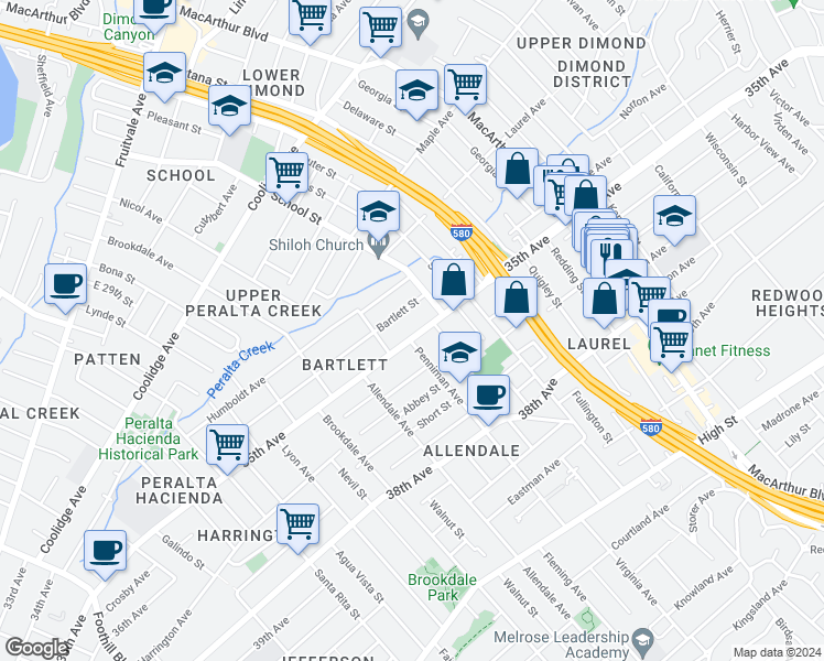 map of restaurants, bars, coffee shops, grocery stores, and more near 3032 Bartlett Street in Oakland