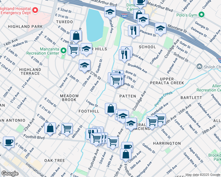 map of restaurants, bars, coffee shops, grocery stores, and more near 2638 East 27th Street in Oakland