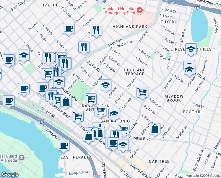 map of restaurants, bars, coffee shops, grocery stores, and more near 2034 19th Avenue in Oakland