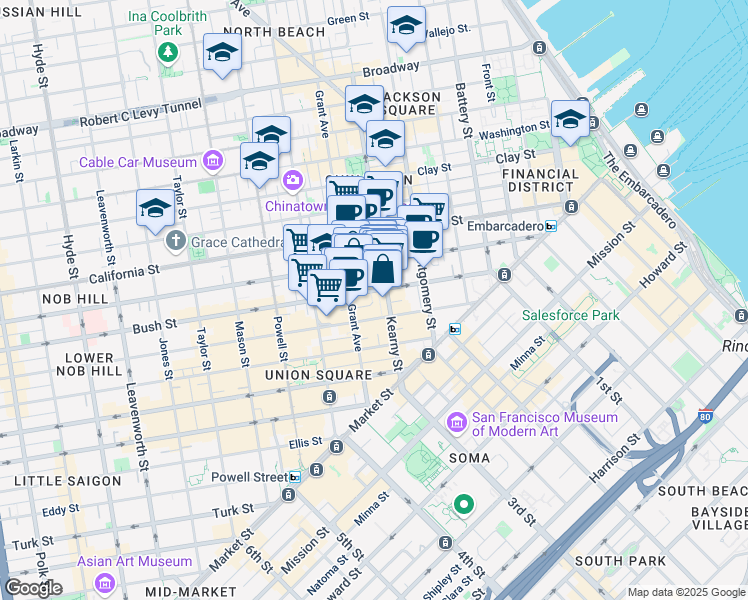 map of restaurants, bars, coffee shops, grocery stores, and more near 237 Kearny Street in San Francisco