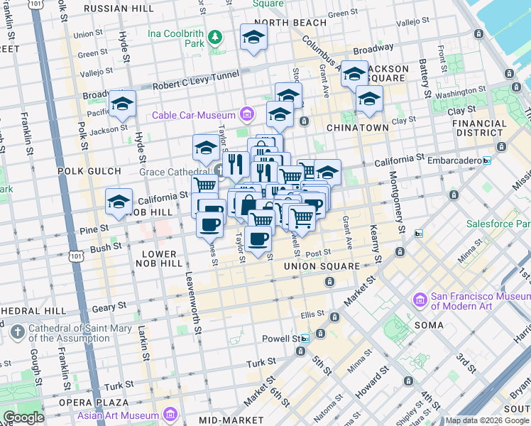 map of restaurants, bars, coffee shops, grocery stores, and more near 817 Mason Street in San Francisco