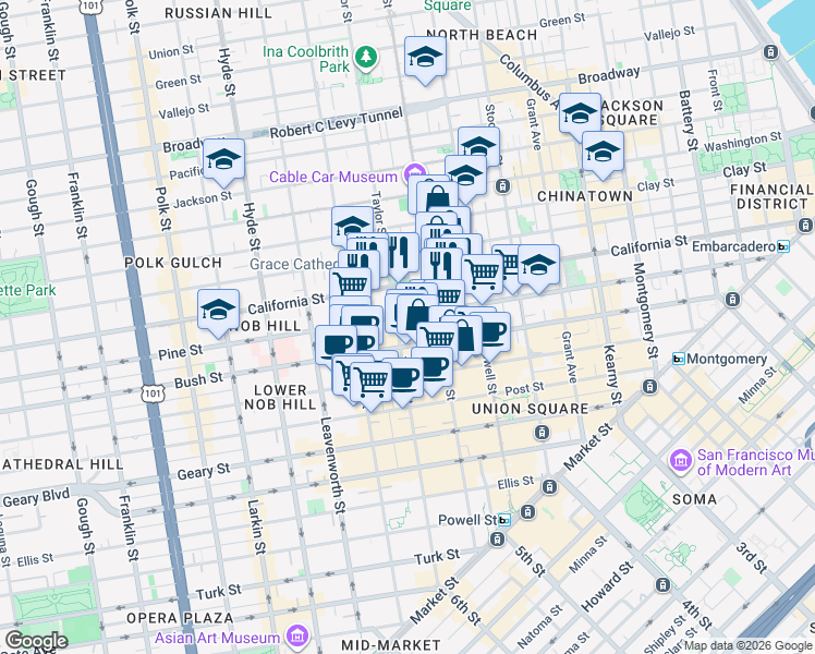 map of restaurants, bars, coffee shops, grocery stores, and more near in San Francisco