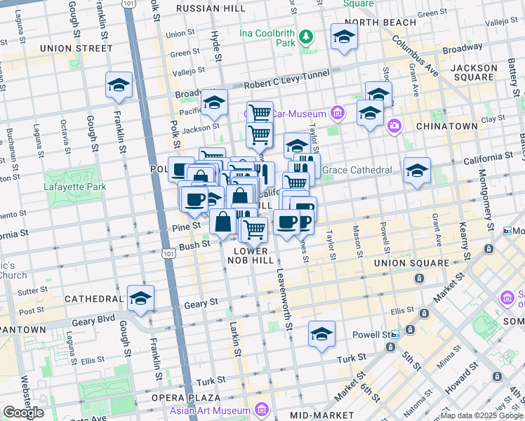 map of restaurants, bars, coffee shops, grocery stores, and more near 1398 California Street in San Francisco