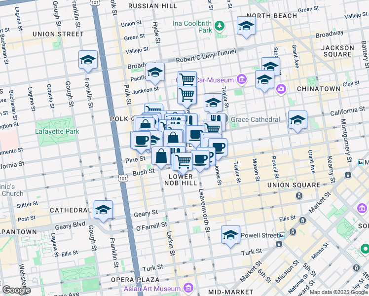 map of restaurants, bars, coffee shops, grocery stores, and more near 1398 California Street in San Francisco